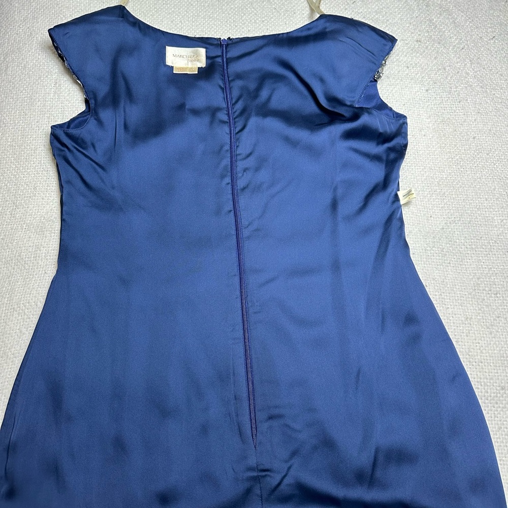 Marchesa Notte Blue Silk Evening Gown Beaded Shoulders V Neck Sleeveless 10 - Picture 6 of 13